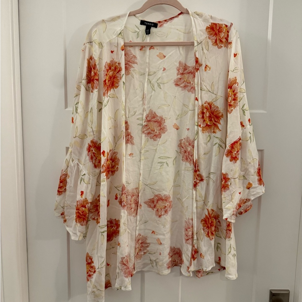Torrid Floral Kimono Blouse - White and Orange